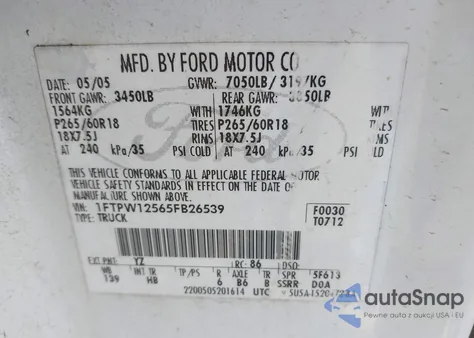 2005 Ford F-150 Lariat/Xlt z USA, uszkodzony, nr VIN 1FTPW12565FB26539